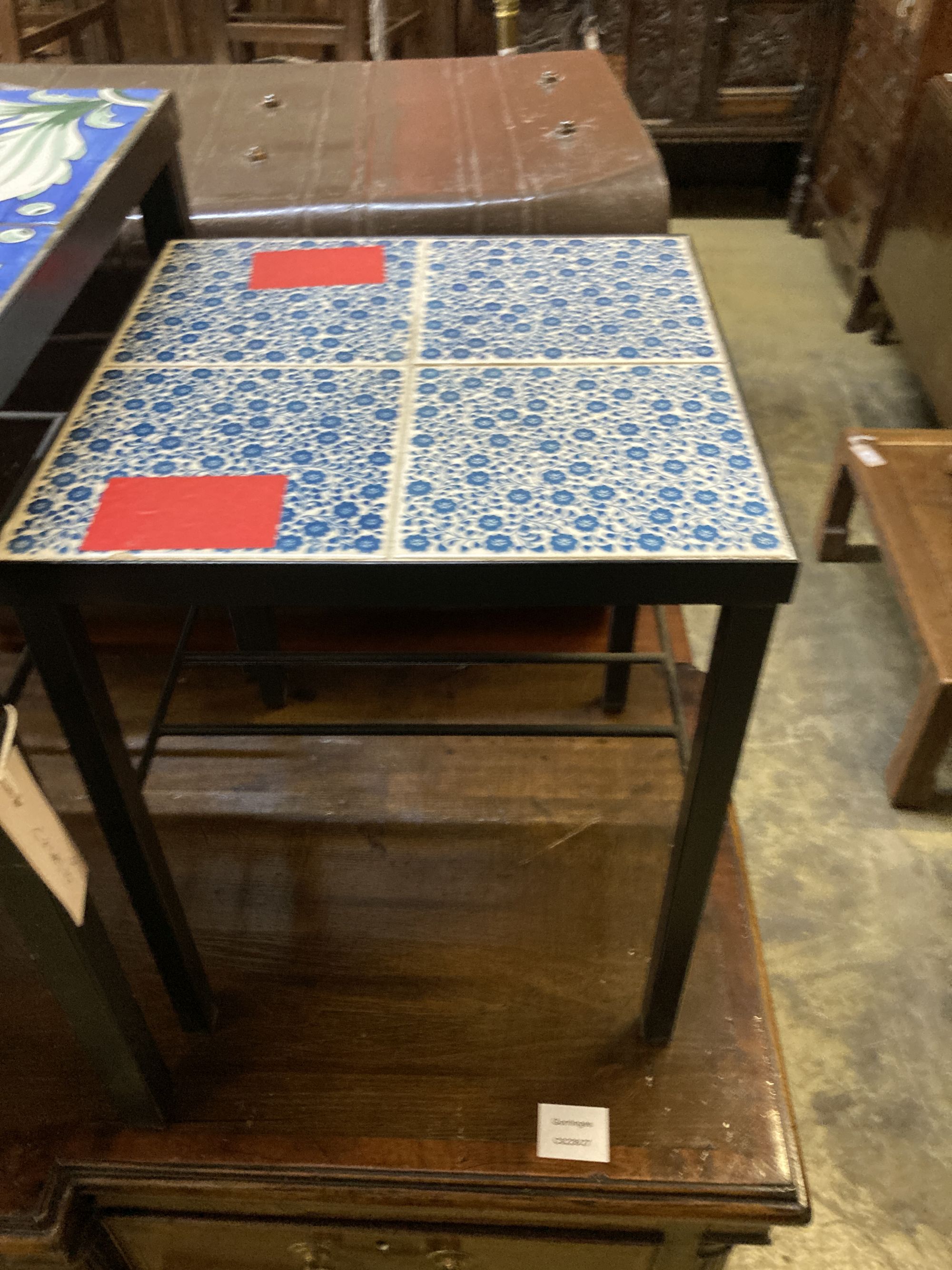Two mid century design square tiled top occasional tables, larger 41cm, height 46cm